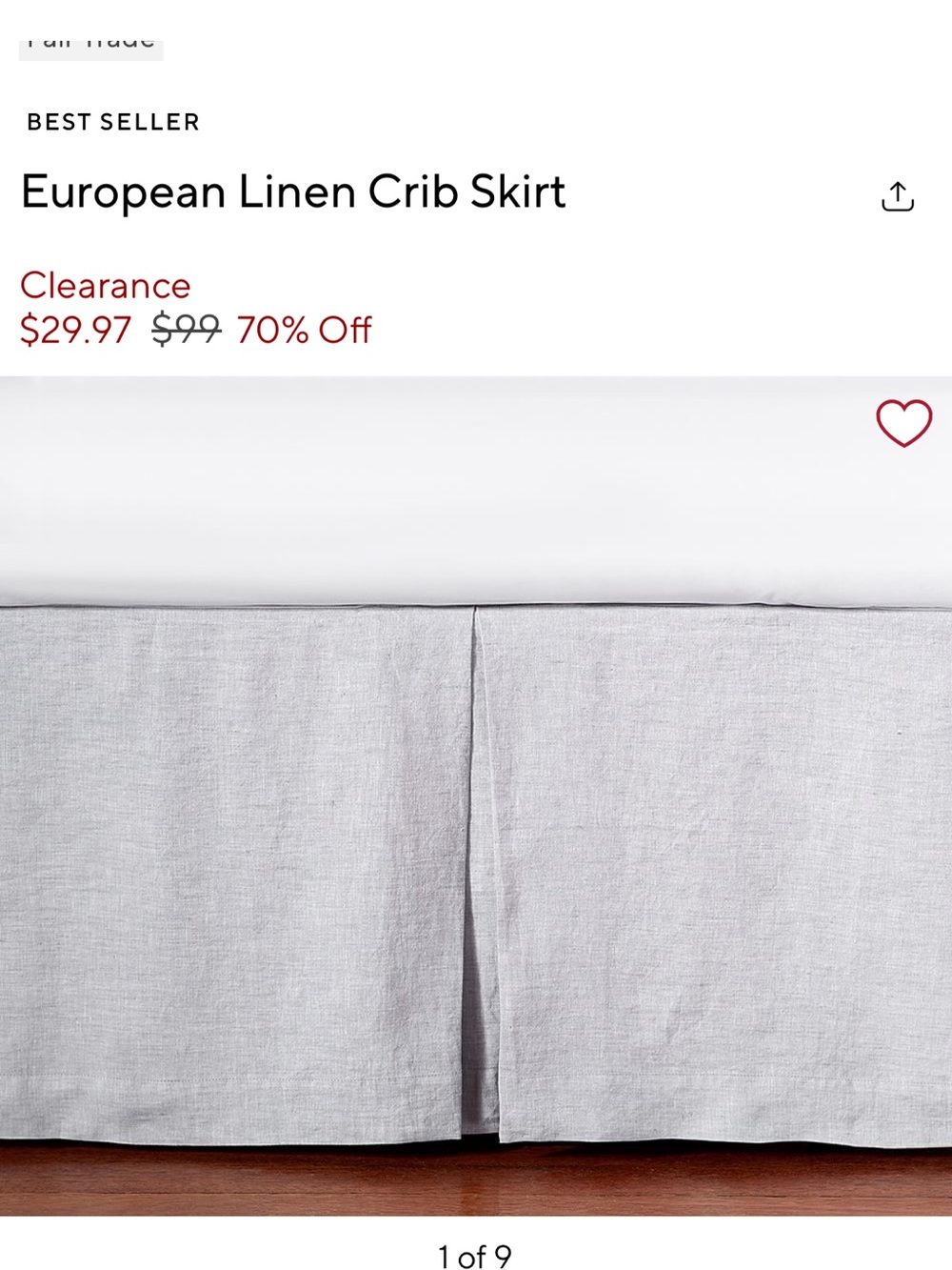 NWT Pottery Barn Kids European Linen Crib Skirt in Light Gray